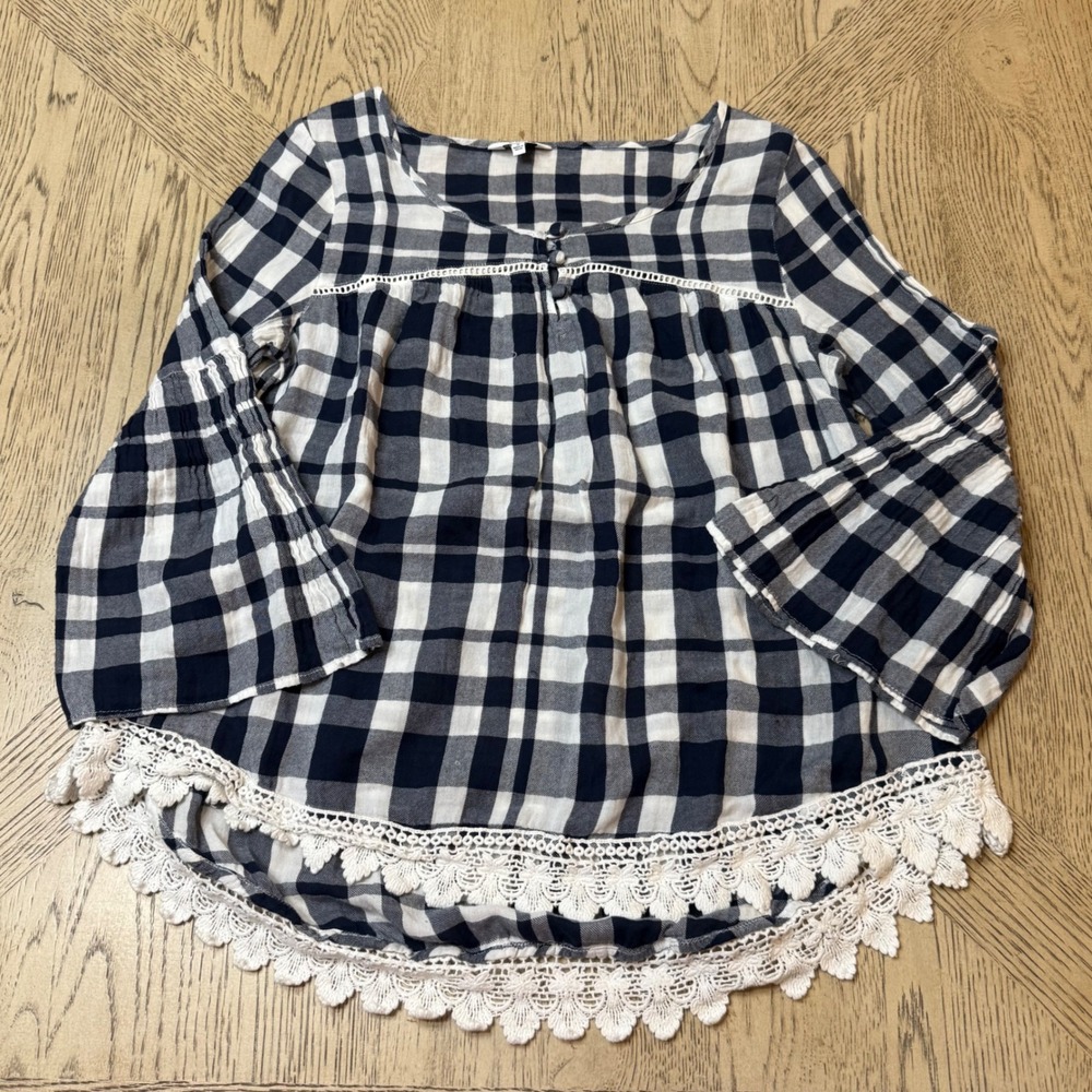 Crown & Ivy‎ women's Small Blue Plaid Lace Trim Bell Sleeve Peasant Blouse - Picture 2 of 9